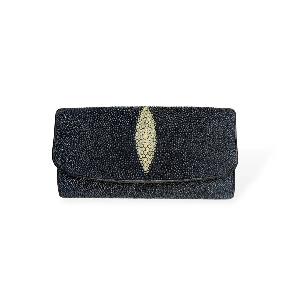 Stingray Skin Wallet Black Large Bifold Clutch Genuine Shagreen Pearl Eye